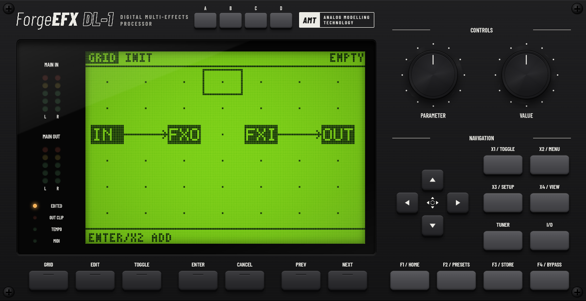 DL-1 routing grid showing input connected to FXO, followed by FXI connected to output, with a gap for the external hardware path.