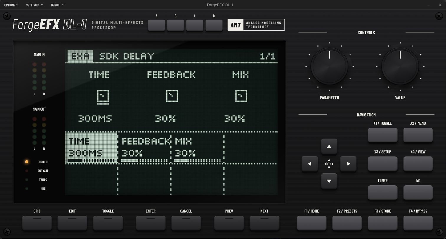 The SDK Delay block running in DL-1 with the dark LCD theme, showing Time, Feedback and Mix controls